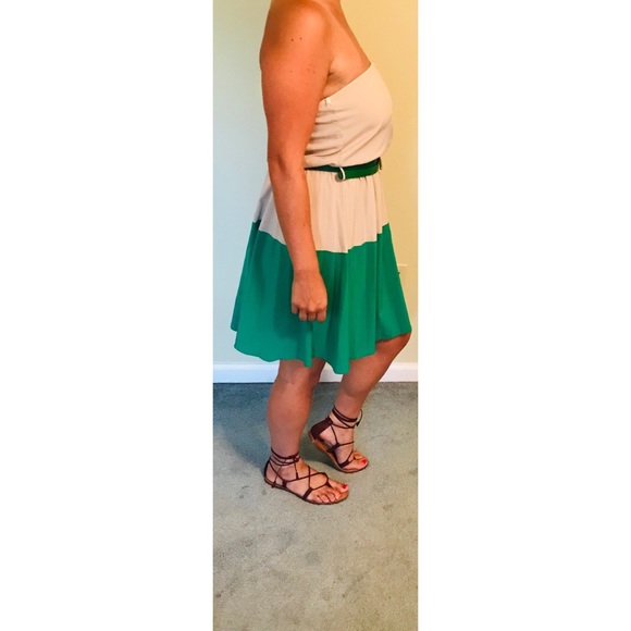 Green/Tan Color block, Strapless, Above Knee Dress - Picture 3 of 4